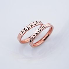 This is for one ring.  The ring is engraved with names of your choice separated by hearts or dots.  Rings measure 3mm wide.  Available in whole ring sizes 4-10.  Available in rose gold plated steel.  The rings run a little bigger (1/4 size larger) to accommodate for the thickness of the band.  Order closest to your normal size.  Engrave up to 30 characters. Your choice of font. Gold Name Ring, Wedding Gifts For Groom, Name Ring, Christmas Gift For Mom, Name Rings, Engraved Jewelry, Rose Gold Wedding, Ring Sizes, Perfect Gift For Mom