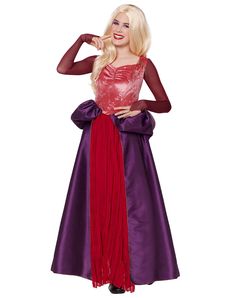 a woman in a long purple and red dress is posing for the camera with her hands on her hips