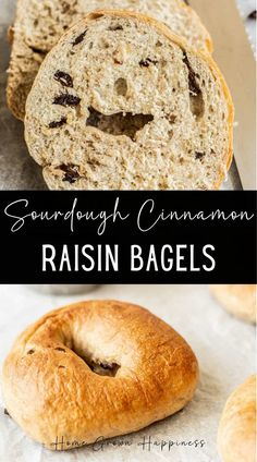 some bread that is sitting on top of a piece of paper with the words, sourdough cinnamon raisin bagels