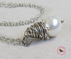 Long Boho White Pearl Pendant Necklace by MagpieMadnessJewelry White Metal Necklace With Wire Wrapped Detail, White Wire Wrapped Metal Necklaces, Wire Wrap Pearl, Pearl Of Great Price, Wire Wrap Jewelry, Pearl Pendant Necklace, Silver Chain Necklace, Wire Wrap, White Pearl