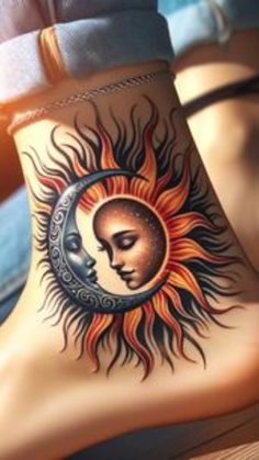 a woman's foot with a sun and moon tattoo on it