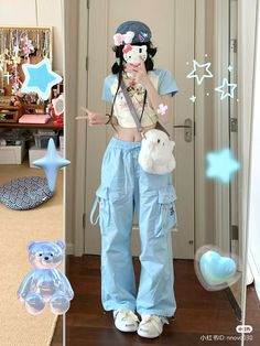 Kawaii Outfit Ideas Casual, Cute Cinnamoroll Outfit, Pastel Blue Outfit Ideas, Cinnamoroll Outfit Ideas, Blue Kawaii Outfit, Summer Holiday Hairstyles, Cinnamoroll Clothes, Harajuku Style Outfits, Cinnamoroll Outfit