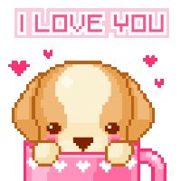 a cross stitch puppy in a pink cup with the words i love you on it