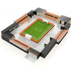 an architectural model of a soccer field with benches and seats on the sidelines, as well as a football pitch