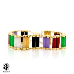 Enjoy this colorful Jade bracelet with different outfits. The jade is set horizontally bezel set in 14 karats yellow gold with a Chinese character safety lock. This item is circa the 1980s and is in very good condition. [MATERIALS] Stones: Jade Color: green, purple, black, lavender, and orange jades 14 karat yellow gold, 8.0 grams. [ADDITIONAL REQUESTS] If you would like to see more pictures of this item, please let us know and we would be happy to provide them for you. [CUSTOM ORDERS] We specia Lavender And Orange, Color Jade, Jade Color, Lock Style, Jade Bracelet, Vintage Bracelet, Bracelet Vintage, Different Outfits, Vintage Bracelets