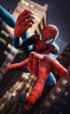 the amazing spider - man is flying through the air with his hands in the air