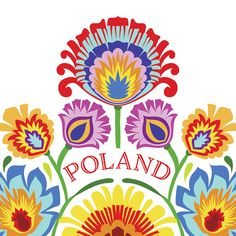 the word poland is surrounded by colorful flowers and leaves on a white background with an ornate border