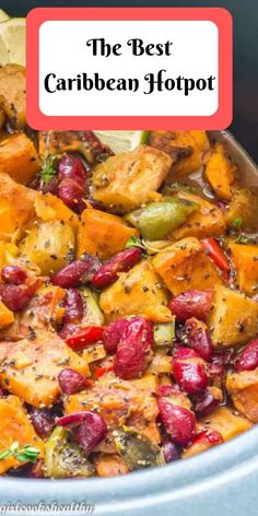 the best cranberry and bean hotpot recipe is shown in a slow cooker