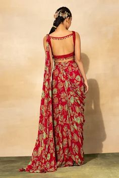 Shop for DiyaRajvvir Red Cotton Silk Chintz Print Sharara Saree And Blouse Set for Women Online at Aza Fashions Sharara Saree, Chintz Print, Dhoti Saree, Saree And Blouse, Triangle Bag, Embroidered Belt, Drape Saree, Red Saree, Pink Saree