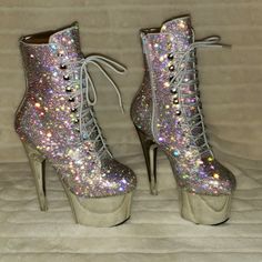 Adore 1020CHRS Silver Bejeweled Rhinestone 7" High Heel Platform Ankle Boots NY | Totally Wicked Footwear Sparkle Heels Outfit, High Heel Platform Ankle Boots, Butterfly Stomach, Cool High Heels, Pleaser Heels, Dance Boots, Sparkle Heels, Cute Shoes Heels, High Heel Platform