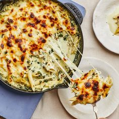 a person holding a spatula with cheese and spinach casserole on it