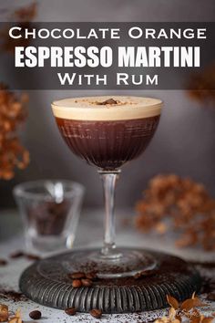 chocolate orange espresso martini with rum in a coupe glass garnished with cinnamon flakes