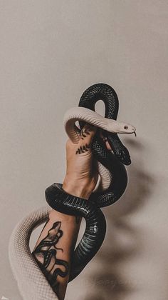 a woman with tattoos holding a snake on her arm