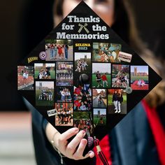 a woman holding up a black graduation cap with pictures on it that say thanks for the memories