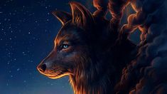 a painting of a wolf staring at the night sky with stars in the back ground