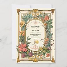 an ornate wedding card with flowers and leaves