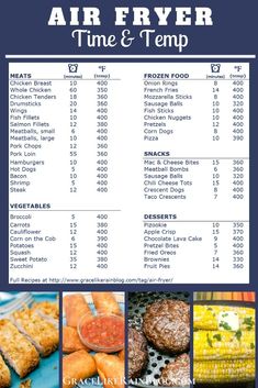 an air fryer time and temperature chart with pictures of different food items on it