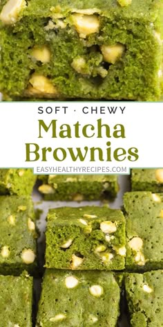 green matcha brownies are stacked on top of each other with nuts in the middle