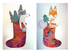 two pictures of paper cut out of christmas stockings with animals on them, one is wearing a hat and the other has an ornament