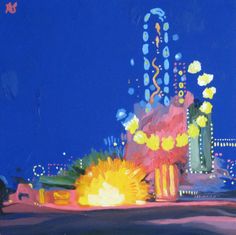 an oil painting of a carnival ride at night with bright lights on the ground and buildings in the background