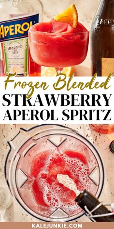 the ingredients for frozen blended strawberry aperol spritz in a blender, with text overlay