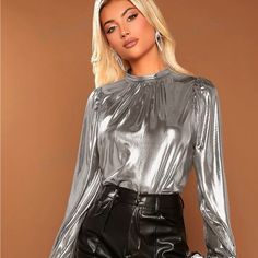 Super Cute And Stylish Ships In 5-10 Business Days Glamorous Metallic Tops For Fall, Casual Metallic Party Tops, Metallic Long Sleeve Tops For Fall, Metallic Long Sleeve Tops For Work, Metallic Long Sleeve Glamorous Blouse, Trendy Metallic Tops For Fall, Glamorous Metallic Long Sleeve Blouse, Glamorous Long Sleeve Metallic Blouse, Chic Metallic Long Sleeve Blouse