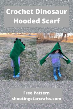 two children wearing dinosaur hooded scarves in the grass with text overlay that reads crochet dinosaur hooded scarf free pattern