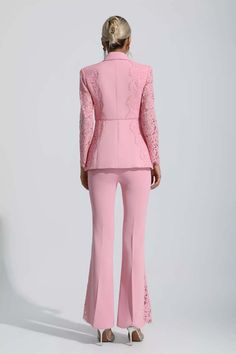 Emory Pink Floral Lace Blazer Set Elegant Lace Pants For Night Out, Evening Pants With Lace Trim, Elegant Lace Sets For Night Out, Chic Lace Evening Pants, Chic Lace Pants For Evening, Evening Lace Fitted Sets, Fitted Lace Evening Sets, Formal Fitted Lace Sets, Spring Formal Lace Bottoms