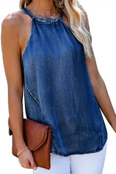 Blue Halter Neck Denim Tank Top Casual Dark Wash Denim Top For Summer, Medium Wash Denim Vest For Day Out, Summer Dark Wash Denim Vest For Day Out, Summer Medium Wash Denim Vest, Trendy Washed Blue Denim Top, Washed Denim Blue Top For Summer, Summer Washed Denim Blue Top, Trendy Chambray Denim Top, Light Wash Denim Vest For Summer