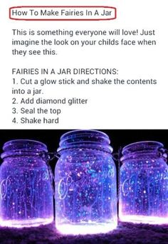 three mason jars filled with purple and blue glitters on top of a black background