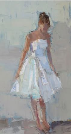 a painting of a woman in a white dress with her back turned to the camera