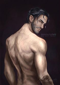 a painting of a man with no shirt on and his back turned to the camera