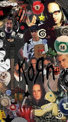 a collage of photos with the word korn surrounded by images of musical instruments