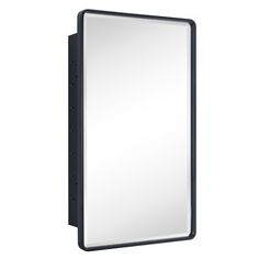 a large mirror mounted on the wall with a black frame and an empty shelf underneath it