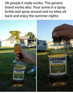 someone is holding up a bottle of listerine on the grass, and it's in