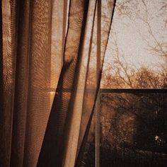 an open window with sheer curtains and trees in the background