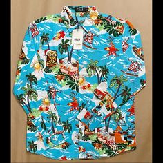 Nwt Mens Fun Button Up Long Sleeve Shirt With Vintage Tiki Motif With Santa And His Reign Deer. Mens Size Medium. Tropical Style Palm Tree Print Button-up Tops, Blue Retro Hawaiian Button-up Shirt, Grey Striped Shirt, Button-up Hawaiian Shirt With Tropical Print For Beach, Palm Tree Print Button-up Beach Shirt, Button-up Hawaiian Shirt With Palm Tree Print For Beach, Columbia Shirt, Vintage Tiki, Business Casual Shirts