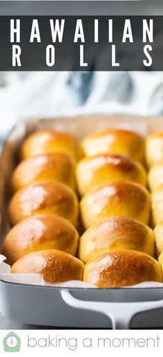 hawaiian rolls in a baking pan with text overlay