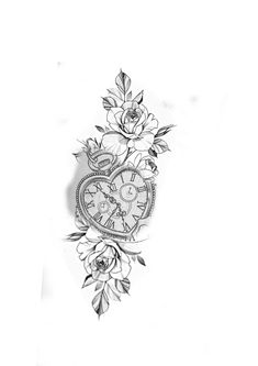 a drawing of a clock with flowers on it