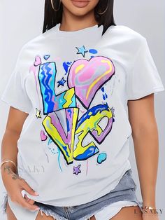 Lasaky - Premium Plus-Size Womens Casual T-shirt: Short-Sleeved Crew Neck Top with a Slight Stretch, Featuring a Chic Letter and Heart Print Design. Streetwear Tops, Love Print, Top T Shirt, Womens Casual, Crew Neck Top, Casual T Shirt, Solid Tops, Casual Streetwear, Casual Tee