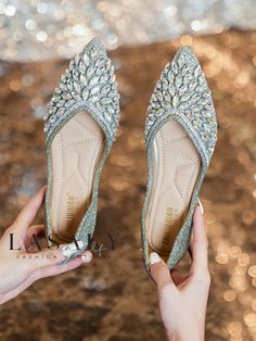 Lasaky - Exquisite Rhinestone-Embellished Glitter Party Flats with Low Heels Flat Wedding Shoes For Bride, Bride Shoes Flats, Flat Wedding Shoes, Party Flats, Golden Shoes, Comfortable Loafers, Embellished Flats, Glitter Party, Glitter Heels