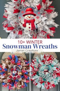 snowman wreaths with red, white and blue ribbons