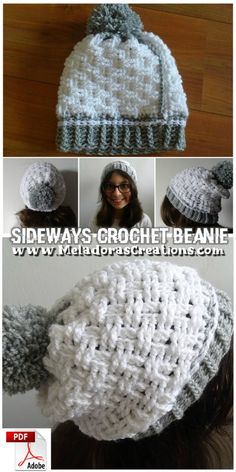 the crocheted beanie is made with two different yarns and one has a po