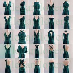 many different pictures of green dresses on mannequins