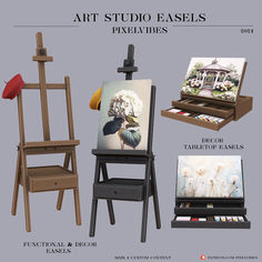 an artist's easel and other art supplies are featured in this advert