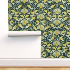 an image of a wallpaper design with birds and flowers in green, yellow and blue colors