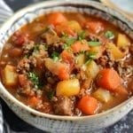 a close up of a bowl of food with meat and vegetables in it on a table