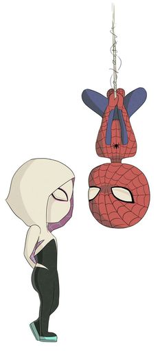 spider - man hanging from the ceiling next to a cartoon character with his eyes closed