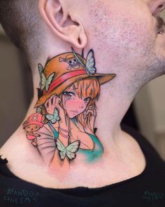 a man with a hat and butterfly tattoo on his neck