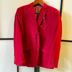 Gorgeous Red Plush Valor Blazer, With Plenty Of Pockets. Beautiful Paisley Designed Interior. 100% Cotton Exterior Vintage Red Blazer For Formal Occasions, Fitted Vintage Red Blazer, Red Retro Blazer For Formal Occasions, Retro Red Formal Blazer, Blue Blazer Men, Green Velvet Blazer, Blue Sport Coat, Modern Fit Suit, Indigo Linen